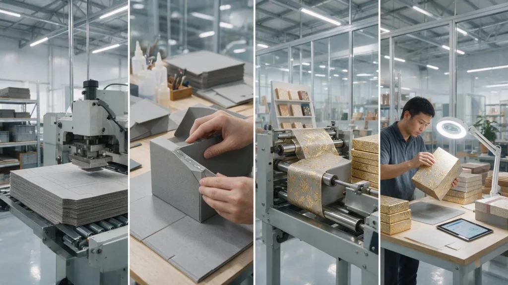 Gift box manufacturing process showing die-cutting, hand assembly, laminating, and quality inspection stages