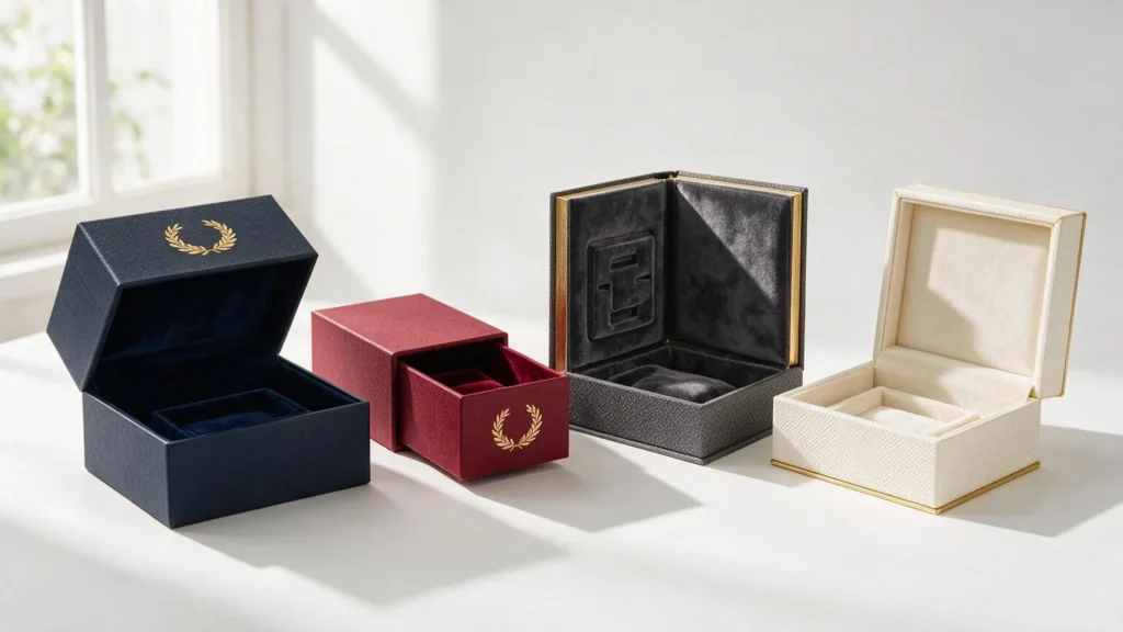 Four premium gift box styles including magnetic closure, drawer-style, book-style, and hinged lid boxes displayed on a white studio surface
