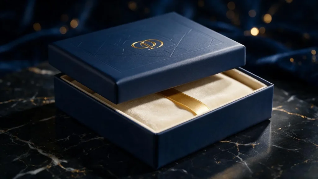 Premium luxury gift box featuring gold foil stamping, embossed patterns, soft-touch lamination, and velvet interior