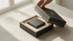 Premium unboxing experience of a luxury rigid gift box with velvet interior and gold foil emblem