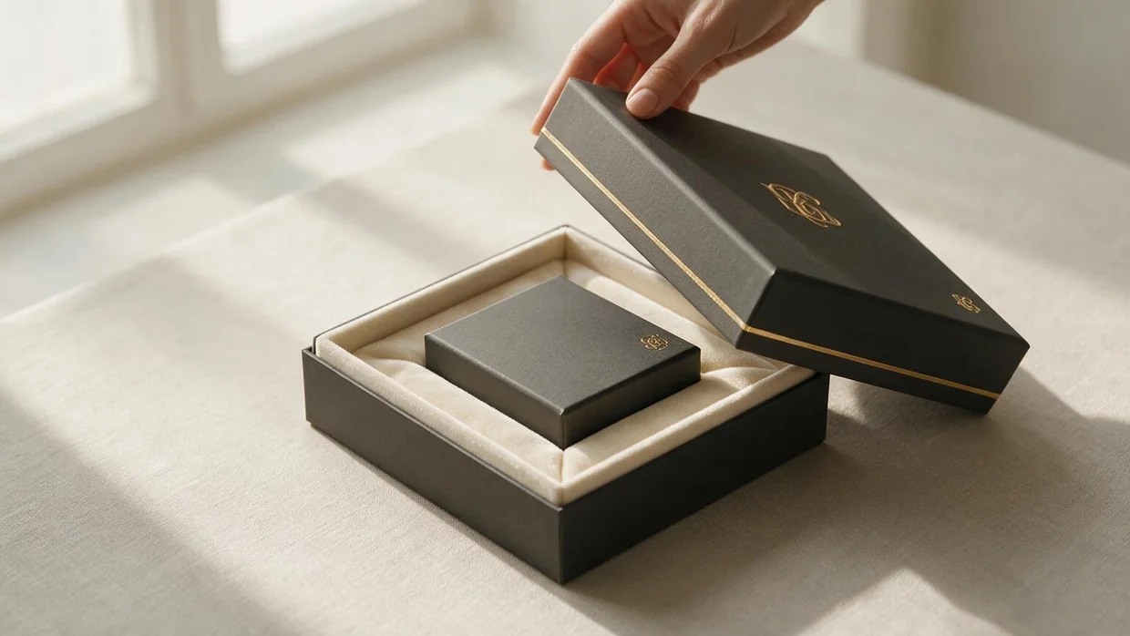 Premium unboxing experience of a luxury rigid gift box with velvet interior and gold foil emblem